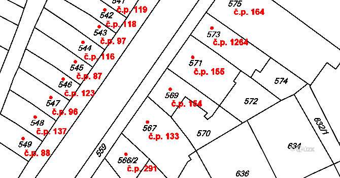 Rousínov 154 na parcele st. 569 v KÚ Rousínov u Vyškova, Katastrální mapa