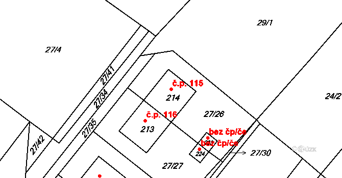 Branná 115, Třeboň na parcele st. 214 v KÚ Branná, Katastrální mapa