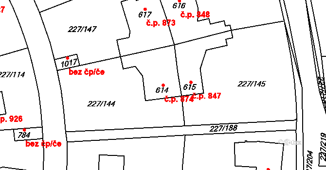 Švermov 874, Kladno na parcele st. 614 v KÚ Hnidousy, Katastrální mapa