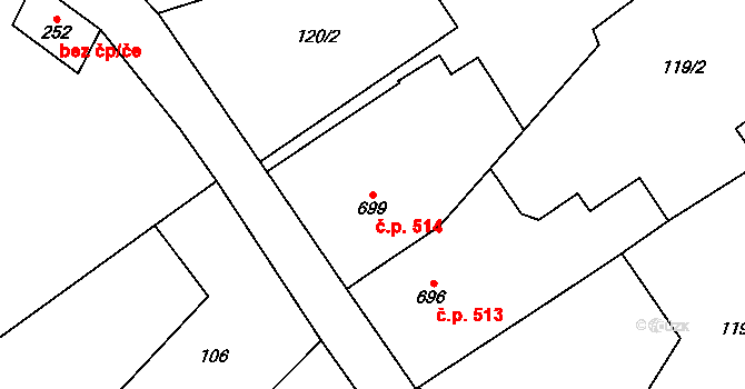 Uničov 514 na parcele st. 699 v KÚ Uničov, Katastrální mapa
