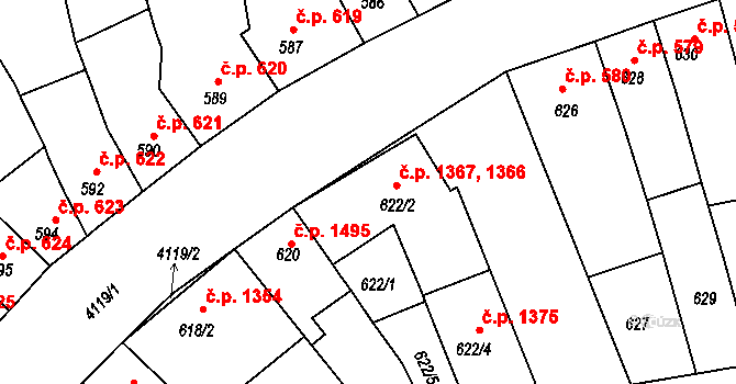 Roudnice nad Labem 1366,1367 na parcele st. 622/2 v KÚ Roudnice nad Labem, Katastrální mapa