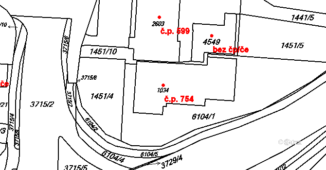 Rožnov pod Radhoštěm 754 na parcele st. 1034 v KÚ Rožnov pod Radhoštěm, Katastrální mapa