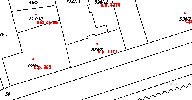 Břeclav 1171 na parcele st. 524/3 v KÚ Břeclav, Katastrální mapa