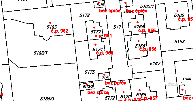 Záběhlice 960, Praha na parcele st. 5174 v KÚ Záběhlice, Katastrální mapa