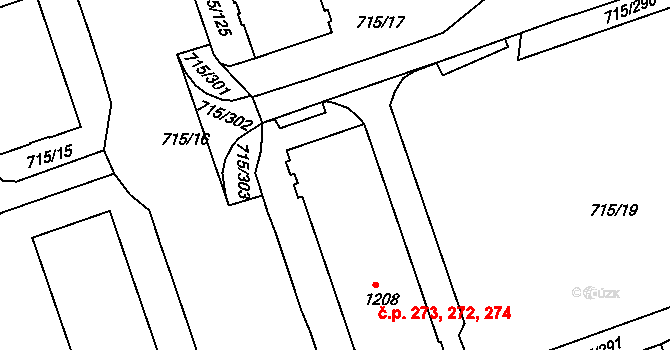 Příbram VII 272,273,274, Příbram na parcele st. 1208 v KÚ Březové Hory, Katastrální mapa