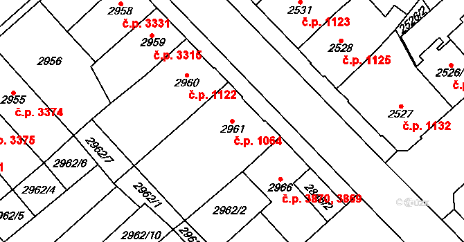 Chomutov 1064 na parcele st. 2961 v KÚ Chomutov I, Katastrální mapa