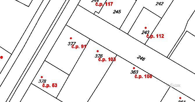 Křimice 103, Plzeň na parcele st. 376 v KÚ Křimice, Katastrální mapa