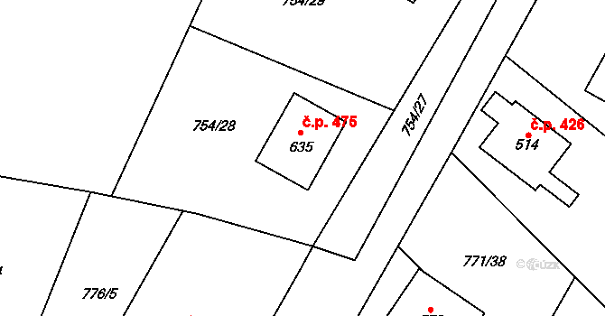 Cerhenice 475 na parcele st. 635 v KÚ Cerhenice, Katastrální mapa