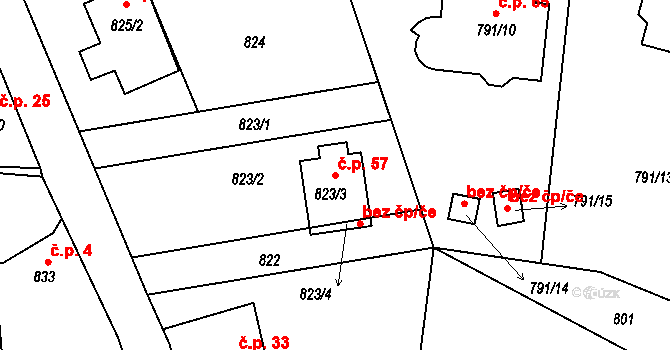 Neřežín 57, Chaloupky na parcele st. 823/3 v KÚ Chaloupky, Katastrální mapa