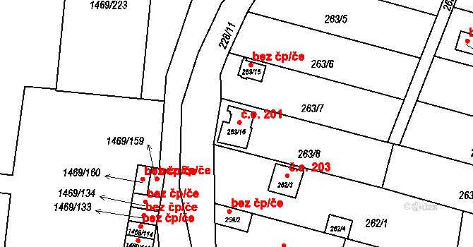 Planá 201 na parcele st. 263/16 v KÚ Planá u Českých Budějovic, Katastrální mapa