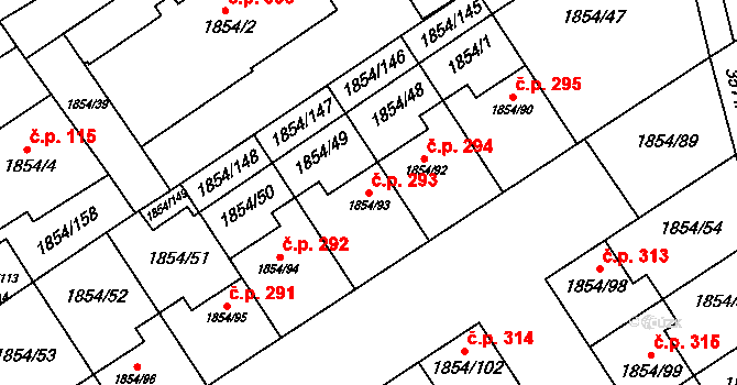 Křečkovice 293, Vyškov na parcele st. 1854/93 v KÚ Vyškov, Katastrální mapa