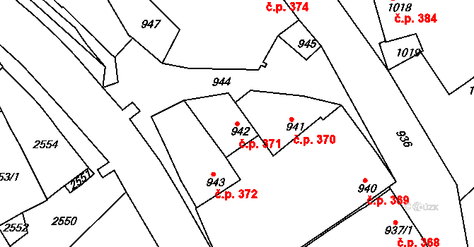 Jemnice 371 na parcele st. 942 v KÚ Jemnice, Katastrální mapa