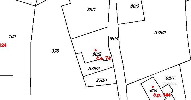 Rumburk 3-Dolní Křečany 74, Rumburk na parcele st. 88/2 v KÚ Dolní Křečany, Katastrální mapa
