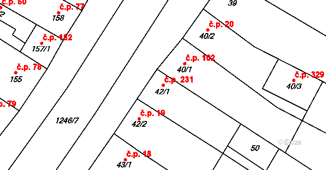 Jimramov 231 na parcele st. 42/1 v KÚ Jimramov, Katastrální mapa