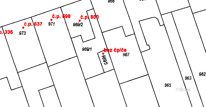 Lužice 50023306 na parcele st. 969/3 v KÚ Lužice u Hodonína, Katastrální mapa