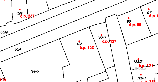 Rudná 103 na parcele st. 126 v KÚ Dušníky u Rudné, Katastrální mapa