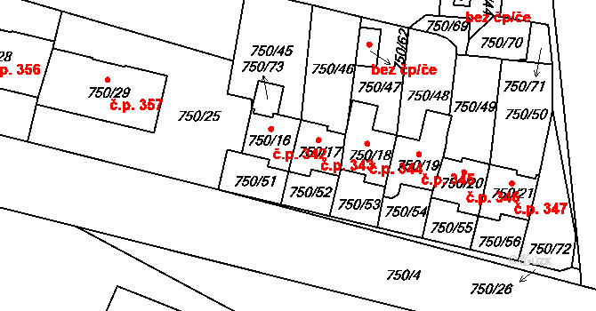 Zruč 343, Zruč-Senec na parcele st. 750/17 v KÚ Zruč, Katastrální mapa