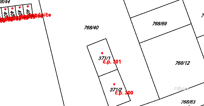 Merklín 301 na parcele st. 371/1 v KÚ Merklín u Přeštic, Katastrální mapa