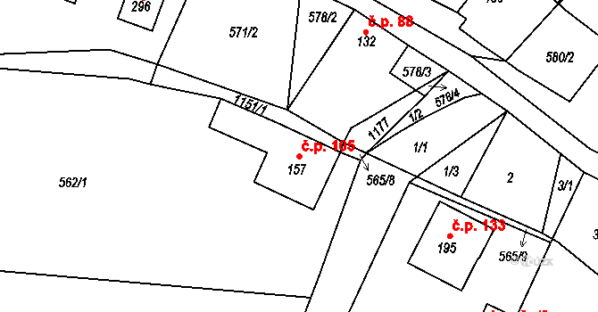 Hvozd 105 na parcele st. 157 v KÚ Hvozd u Konice, Katastrální mapa
