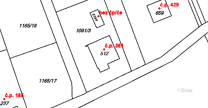 Ropice 361 na parcele st. 512 v KÚ Ropice, Katastrální mapa