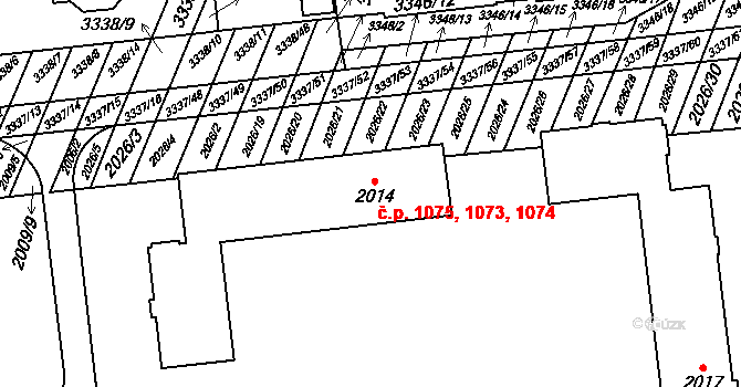 Dubňany 1073,1074,1075 na parcele st. 2014 v KÚ Dubňany, Katastrální mapa