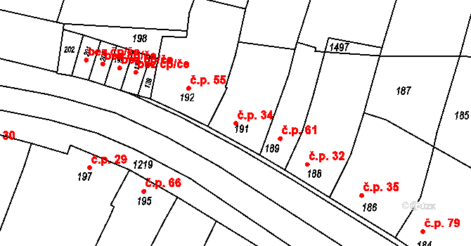 Uhřice 34 na parcele st. 191 v KÚ Uhřice u Kroměříže, Katastrální mapa