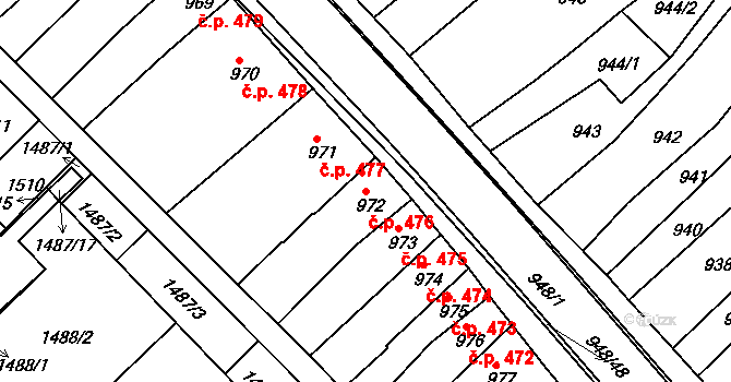 Rousínov 476 na parcele st. 972 v KÚ Rousínov u Vyškova, Katastrální mapa
