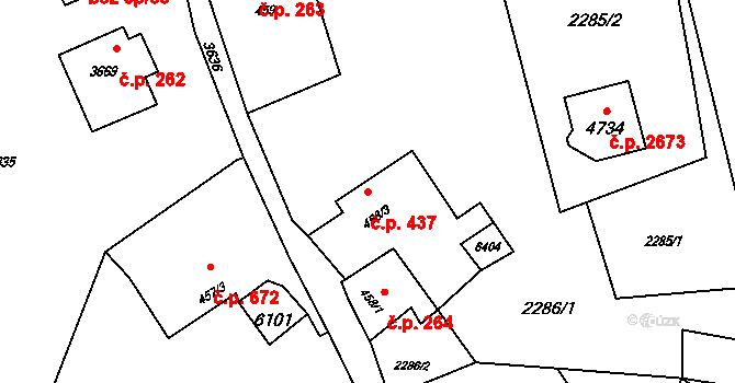 Rožnov pod Radhoštěm 437 na parcele st. 458/3 v KÚ Rožnov pod Radhoštěm, Katastrální mapa