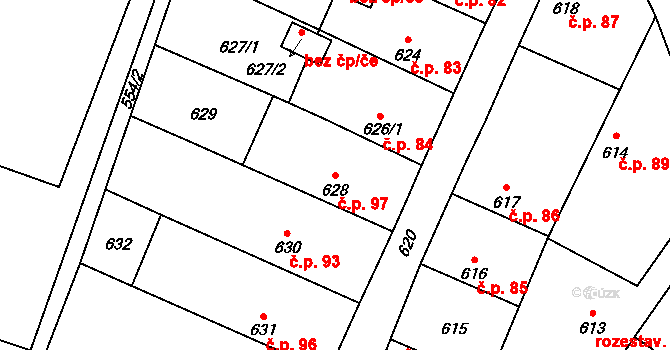 Semice 97 na parcele st. 628 v KÚ Semice nad Labem, Katastrální mapa
