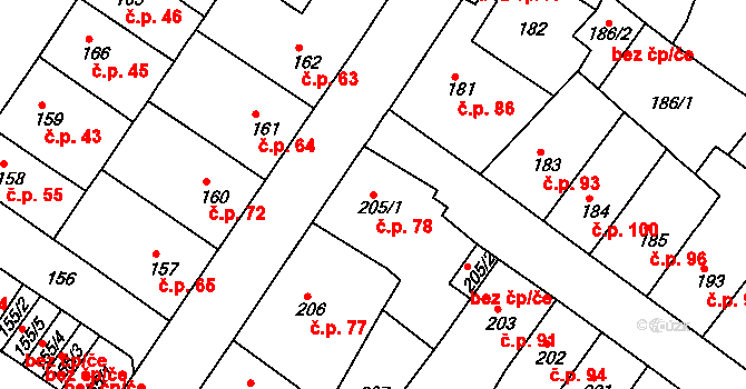 Prosetice 78, Teplice na parcele st. 205/1 v KÚ Prosetice, Katastrální mapa