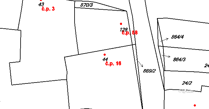 Chocenice 16, Břežany I na parcele st. 44 v KÚ Chocenice u Břežan I, Katastrální mapa