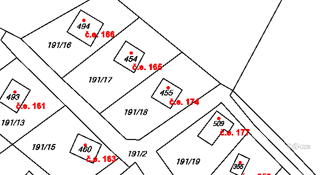 Jevany 174 na parcele st. 455 v KÚ Jevany, Katastrální mapa