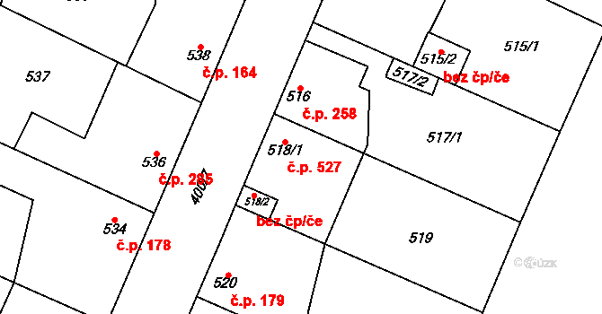 Ďáblice 527, Praha na parcele st. 518/1 v KÚ Ďáblice, Katastrální mapa