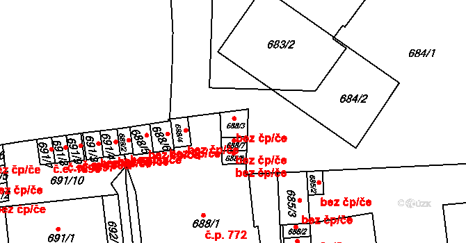 Teplice 45114307 na parcele st. 688/3 v KÚ Teplice, Katastrální mapa