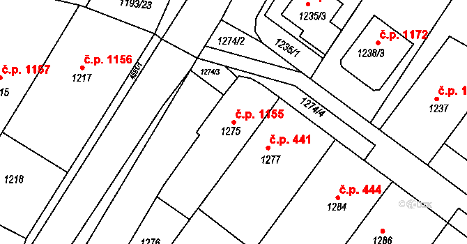 Hluk 1155 na parcele st. 1275 v KÚ Hluk, Katastrální mapa