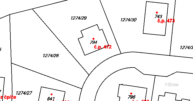 Doksy 472 na parcele st. 794 v KÚ Doksy u Kladna, Katastrální mapa