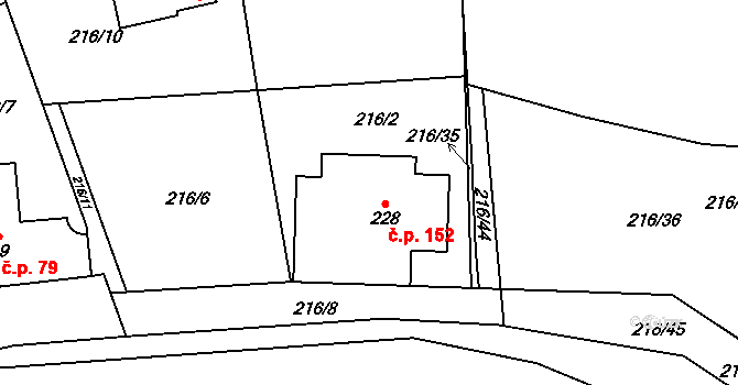 Únětice 152 na parcele st. 228 v KÚ Únětice u Prahy, Katastrální mapa