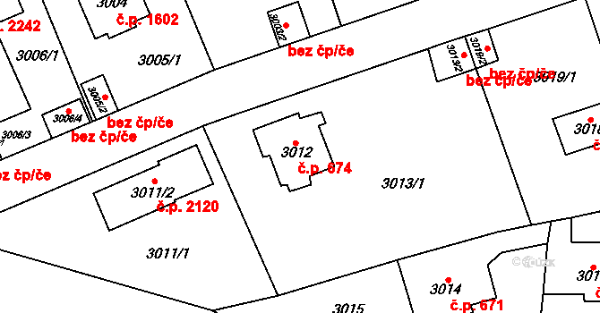 Černošice 674 na parcele st. 3012 v KÚ Černošice, Katastrální mapa