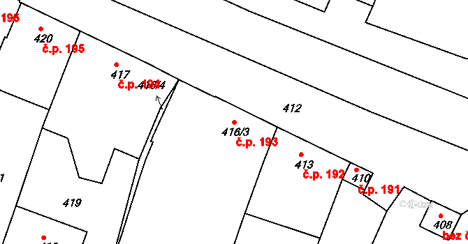 Oleksovice 193 na parcele st. 416/3 v KÚ Oleksovice, Katastrální mapa