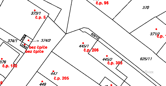 Malín 206, Kutná Hora na parcele st. 445/1 v KÚ Malín, Katastrální mapa