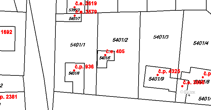 Jihlava 405 na parcele st. 5401/5 v KÚ Jihlava, Katastrální mapa