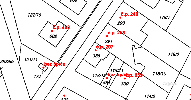 Lázně Toušeň 297 na parcele st. 338 v KÚ Lázně Toušeň, Katastrální mapa