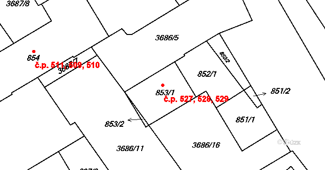 Vyškov-Předměstí 527,528,529, Vyškov na parcele st. 853/1 v KÚ Vyškov, Katastrální mapa