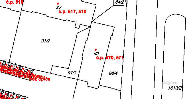 Dobrovice 570,571 na parcele st. 90 v KÚ Dobrovice, Katastrální mapa