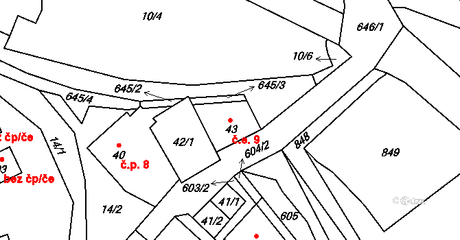 Kořen 9, Olbramov na parcele st. 43 v KÚ Kořen, Katastrální mapa