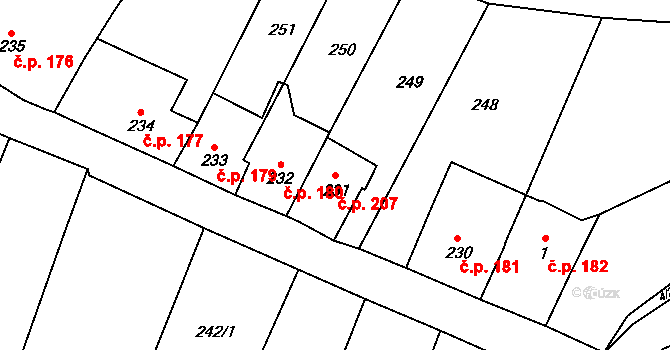 Miletín 207 na parcele st. 231 v KÚ Miletín, Katastrální mapa