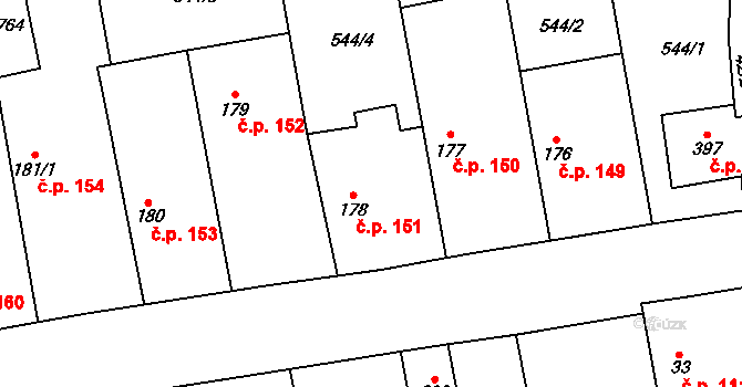 Dymokury 151 na parcele st. 178 v KÚ Dymokury, Katastrální mapa