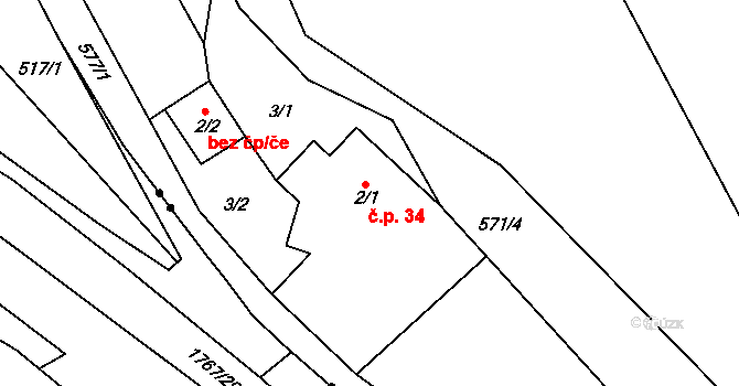 Komora 34, Holčovice na parcele st. 2/1 v KÚ Komora, Katastrální mapa