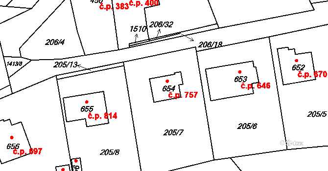 Blovice 757 na parcele st. 654 v KÚ Blovice, Katastrální mapa