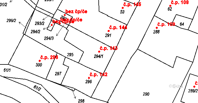 Hostomice 143 na parcele st. 294/1 v KÚ Hostomice pod Brdy, Katastrální mapa
